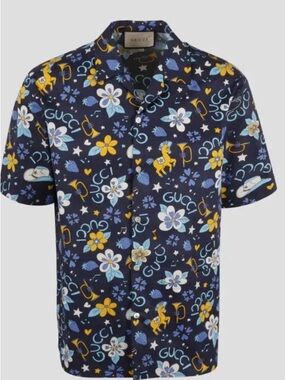 Gucci Retro Navy Bowling  Floral & Yellow Logo Short-Sleeve Camp Shirt